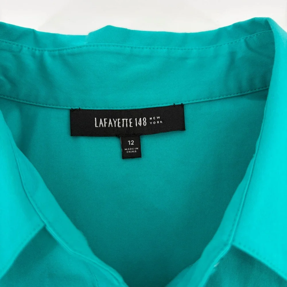 Lafayette 148 New York Teal Green Pleated Waist Hidden Button Down Shirt Size 12 - Picture 2 of 11
